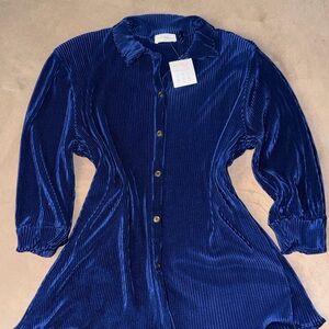 Velvet Button-Front Shirt Dress in Deep Blue